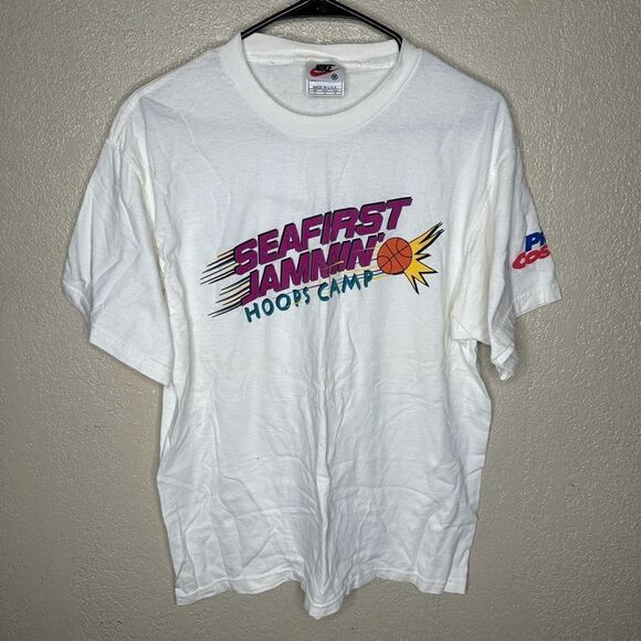 Vintage Nike Seattle Sonics Seafirst Jammin Hoops Camp T Shirt Made In USA Mediu - Picture 2 of 6